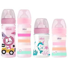 Chicco Antikolik pudelīšu komplekts, rozā, pretkolikas pudelītes zīdaiņiem, iepakojumā 4, no dzimšanas līdz 6 mēnešiem, 