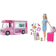 Barbie GHL93 — trīs in-1 super piedzīvojumu kemperis ar piederumiem, kempinga karavāna lellēm, rotaļlietas no 3 gadiem un FWV25 — ceļojumu lelle ar blondiem matiem, t.sk. Ceļojumu piederumi un kucēni