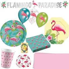 HHO Flamingo Paradise Paradise ballīšu komplekts 127 gabali 16 viesu šķīvjiem krūzes salvetes uzkodu šķīvji ballīšu ķēdes baloni mafinu maciņi 2 galdauti