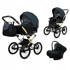 BabyLux® Bambimo Margaret Gold 3-in-1 vežimėlių rinkinys, kurį sudaro vaikiška lopšys, sportinė kėdutė, automobilinė kėdutė - automobilinė kėdutė - vežimėlio rinkinys - kombinuotas vežimėlis su persirengimo krepšiu, apsauga nuo lietau