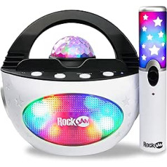 RockJam K-Pop uzlādējama bezvadu 10 W Bluetooth karaoke mašīna ar LED disko apgaismojumu un bezvadu karaoke mikrofonu — melns