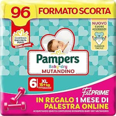 Pampers Baby Dry Biksītes & Fit Prime XL, 96. izmēra autiņbiksītes, 6. izmērs (15+ kg), 1 mēnesis tiešsaistē bez maksas