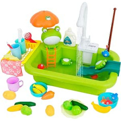 2-in-1 Kitchen Sink Toy Set, Sink Toy Set with Fishing Game and Kitchen Accessories, Kitchen Toy with 90° Rotating Spout Tap, Role Play Toy for Toddlers