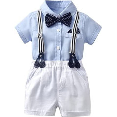 Baby Boys Gentleman Suits, Children's Short Sleeve Bowtie Shirt Romper + Braces Shorts Overalls Festive Christening Wedding Gentleman Shorts Set, 0-24 Months, 9-12 Monate