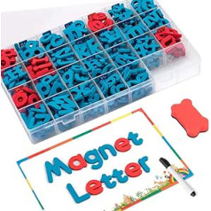 FUQUN magnetinės raidės vaikams (212 vnt. pakuotėje) su dvipuse magnetine lentų putplasčio abėcėlė, skirta vaikams ikimokyklinio amžiaus rašybos ir mokymosi programoms, rašikliai ir trynimo kempinė, šaldytuvo magnetų abėcėlė
