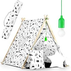 Ricokids Teepee telts bērniem izgatavota no kokvilnas - iekštelpu un āra rotaļlietu logs divi spilveni izolācijas paklājiņš LED lampa - Wigwam indiāņu telts papeles koks 116 x 107 x 110 cm balts