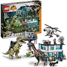 LEGO 76949 Jurassic World Giganotosaurus & Therizinosaurus uzbrukuma komplekts ar rotaļu helikopteru, garāžu, rotaļu automašīnu un 2 dinozauru figūrām, dāvana Jurassic Park diapazona cienītājiem