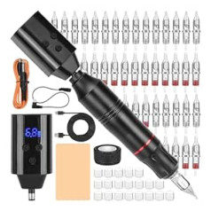 ATOMUS Black Wireless Tattoo Machine Kit, Long Rotating Tattoo Pen Kit with Portable DC Tattoo Power Supply, 40 Cartridge Needles, Practice Skin Ink Cup