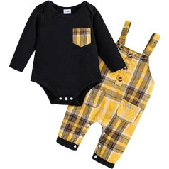 Haokaini Newborn Baby Boy Clothing Set Long Sleeve Gentleman Suit Solid Colour Romper Bodysuit Plaid Overalls Tights Outfits 0-18 Months