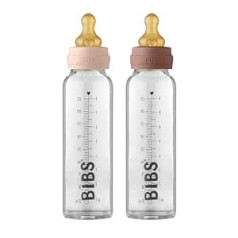 BIBS Stiklinis buteliukas kūdikiui 225 ml, 2 vnt., Sumažina pilvo dieglius, Apvalus žindukas, pagamintas iš natūralaus kaučiuko latekso, Palaiko žindymą, 225 ml, Skaistalai / medvilnė