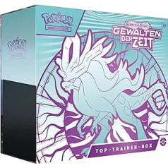 Pokémon tirdzniecības kāršu spēle Top Trainer Box Crimson & Purple — Laika vardarbība: vēja vilnis (1 hologrāfiska pilnekrāna reklāmas karte ar plīvojošiem matiem, 9 pastiprināšanas komplekti un augstākās kvalitātes piederumi)