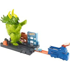 Hot Wheels GBF97 City Triceratops Attack, dinosaur starter play set with car.