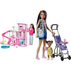 BARBIE - Dream Villa, Pool Party Dollhouse with More than 75 Pieces and Slide Over 3 Floors & Skipper Babysitter Inc, with Brown and Purple Hair