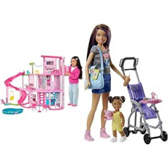 BARBIE – svajonių vila, lėlių namelis prie baseino su daugiau nei 75 vienetų ir čiuožykla per 3 aukštus ir „Skipper Babysitter Inc“, rudais ir violetiniais plaukais