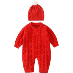 QINQNC Baby Girls Boys Jumper Romper with Hat Cap Set Newborn Cable Knitted Long Sleeve Jumpsuit Knitted Outfits Clothing