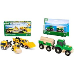 BRIO World 33658 būvlaukuma transportlīdzekļi — koka vilciena pielikums — ieteicams no 3 gadiem un 33799 — traktors ar koka piekabi, krāsains