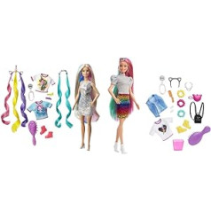 Barbie GHN04 Fantasy Hair Doll, Blonde, with Two Decorated Headbands, Two Tops & Leopard Rainbow Hair Doll (Blonde) with Colour Changing Effect, 16 Accessories, Toy from 3 Years