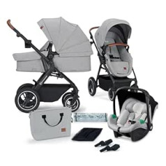 Kinderkraft B-TOUR kombinētais ratiņu komplekts 3-in-1 pilns komplekts, ratiņi līdz 22 kg ar bērnu sēdeklīti I-SIZE 40-75 cm, liels XL sēdeklis, ūdensizturīgs kapuci ar UPF50+ filtru, sudrabaini pelēks