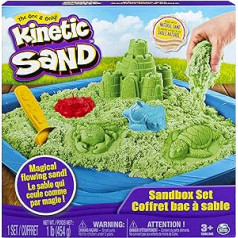 Kinetinis smėlis, smėliadėžės žaidimų rinkinys su 0,5 kg žalia ir 3 formomis, skirtas 3 metų ir vyresniems