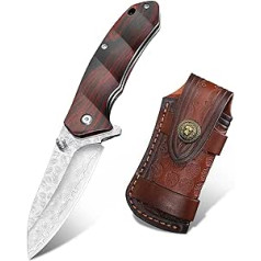 Japaknives Damask Pocket Knife Outdoor, Sharp Folding Knife with VG10 Damascus Steel, Survival Knife with Wooden Handle Leather Sheath, Damascus Knife for Camping, Fishing, Trekking, Ideal as a Gift