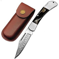 Joa Pocket Knife Folding Knife Damascus Sharp Folding EDC Knife Small Outdoor Knife Survival Camping Knife Hunting Knife Ebony Handle Damascus Steel Knife One-Handed Knife Leather Case