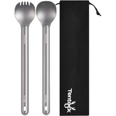 Tentock Titāna karote un Spork ar garu rokturi pārnēsājamie titāna galda piederumi Vieglie kempinga galda piederumi Daudzfunkcionāla zirglieta mugursomai ar uzglabāšanas somu pārgājienu piknikam (Spork un karote)