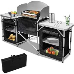 Izrielar Camping Kitchen with Aluminium Frame, Camping Cabinet, Three Height Settings, Outdoor Camping Folding Cabinet, Kitchen Box for Picnic