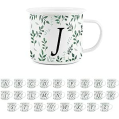 Foliage Letter J Mug - White Initial Personalised Alphabet Novelty Durable Hot Drinks Outdoor Cup for Travel Picnic Home Hiking