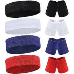 12 Sets Bracelets and Sweatband Headband Set Absorbent Sports Non-Slip Stretchy Sweatband Cotton Wrist Sweatband Wicking Wrist Sweatband Terry Cloth Bracelet for Basketball Tennis Gym