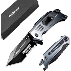 Folding Knife with Titanium Stainless Steel Cover, 6-in-1 Pocket Knife with Bottle Opener, Glass Breaker Belt Cutter, Outdoor Knife for Outdoor, Camping & Survival