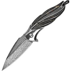 TABKER Folding Knife, One-Handed Knife, Outdoor Knife, Spring Pattern, Damascus Steel, Folding Knife, Hand Forging, Outdoor Survival Knife for Camping