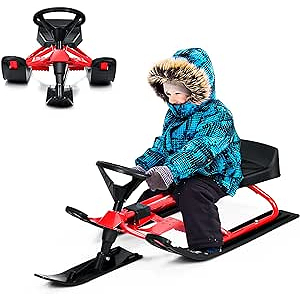 KOMFOTTEU Bērnu metāla stūres ragavas ar 2 kāju bremzēm un stūri un vilkšanas virvi, Snowbob Steering Bob Snowracer līdz 75 kg, ceļa kamaniņas 112 x 50 x 40 cm