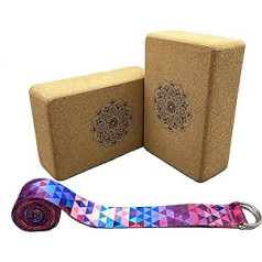 Aozora Cork Yoga Block, Sustainable and Environmentally Friendly, Pack of 2 and Yoga Strap Set Made from Finest Natural Cork for Better Support, Balance and Comfort