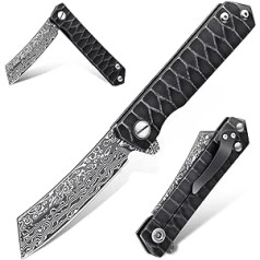 Moontay Folding Knife Pocket Knife Made of Genuine VG10 Damask with Titanium Coating Handle Razor Sharp Survival Knife for Hiking Camping Black One-Handed Knife with Clip - Gifts for Men