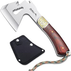 TIVOLI Camping Axes 4 in 1 Portable Small Axe with Nylon Sheath, 24 cm Full Tang Hand Hatchet Mini Axe, Survival Axe with Wooden Handle, Sharp Outdoor Axe for Bushcraft and Hiking