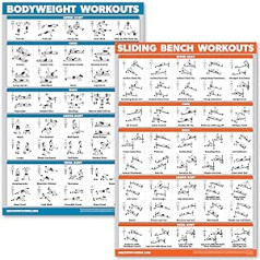 QuickFit 2 Pack — bīdāmo stendu treniņi un ķermeņa svara vingrinājumu plakātu komplekts — saderīgs ar Total Gym & Weider Ultimate Body Works (lamināts, 18 x 27 collas)