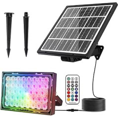 Linke Solar RGB prožektors 30 W, maināmi prožektori ar tālvadības pulti, laiks, 5000 mAh, RGB saules ainavas gaisma, IP66 saules enerģijas prožektori dārzam, zālienam, kokiem, pagalmam