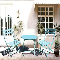 GardenAddict Bistro Set Balcony Set Grand Patio Garden Furniture 3-Piece Set Outdoor Foldable 1 Table & 2 Chairs Steel (Blue)