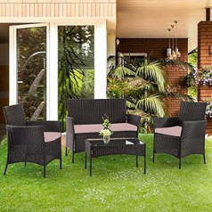 BARGAINSGALORE 4 Piece Rattan Garden Furniture Set with Glass Table Chairs Sofa Outdoor Black