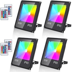 Randaco 50 W RGB LED prožektors āra ar tālvadības pulti, 4 LED prožektoru komplekts, 16 krāsas, 4 režīmi ar atmiņas funkciju, IP65 ūdensizturīgs, dārza garastāvokļa apgaismojums