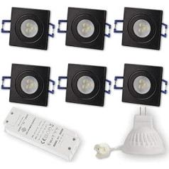 6 x LED padziļināti prožektori, melns, kvadrātveida, 3 W, neitrāli balts, 12 V, MR11, IP44 vannas istabai, āra, diametrs 40 mm, dziļurbums, vannas istaba, iekšpagalms, padziļināts prožektors, griestu prožektors