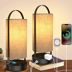 Bedside Lamp, Set of 2 Touch Dimmable Table Lamp with USB A+ Type C Connectors & AC Socket, 3 Brightness Levels, 6 W E27 Bulbs Included Linen Lampshade Table Lamp for Living Room