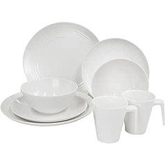 Camping Crockery Set Made of Melamine for 2 People in White Ceramic Design 8 Pieces with Plates and Stacking Cups