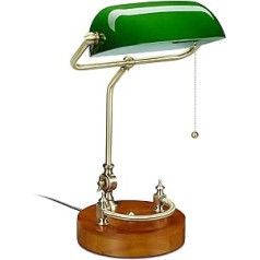 Relaxdays Banker lampa ar velkamu slēdzi, noliecams stikla abažūrs un koka pamatne, Banker Light E27, galda lampa retro, zaļa, 10034408, 43 x 27 x 22 cm