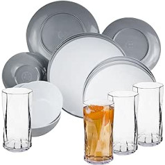 Melamine Crockery Set for 4 People - 16 Pieces - Grey White - with Drinking Glass Clear 450 ml Camping Tableware Camping Tableware