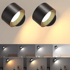 LED sieninis šviestuvas vidaus pakuotėje po 2, sieninis šviestuvas Sieniniai šviestuvai be maitinimo jungties, 4 ryškumo lygiai, 3 spalvų režimai, lempa prie lovos, baterija, 360° pasukami jutikliniai valdymo žibintai vaikams, gyvenamasis