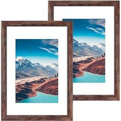 Q.Hou A3 Picture Frame Rustic Brown Wood Pattern Set of 2 with Mat, Mount for A4 Picture or Certificate, Plexiglass Front for Wall Decoration (UK-QH-NPFA3-BR)