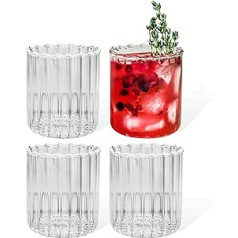 7 O'CLOCK Glasses Set of 4 | Design Vintage Stripe Glass Norway | Tea Glasses Coffee Glasses Iced Coffee Cocktail Glasses Long Drink Water Tea Juice | Stripes Ribbed Dishwasher-Safe Durable | 200 ml