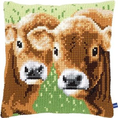 Vervaco Kreuzstichkissen 2 Kälbchen, Stickbild vorgezeichnet Kreuzstichset: Kissen: Two Calves, Baumwolle, Mehrfarbig, 40 x 40 x 0,3 cm