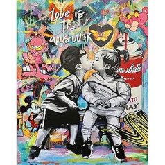 Painting by Numbers for Adults on Canvas Banksy Street Art Wall Decor Love is The Answer Graffiti Paintings Little Boy and Girl Kiss Pictures Modern Artwork Home Decor for Living Room (Frameless)
